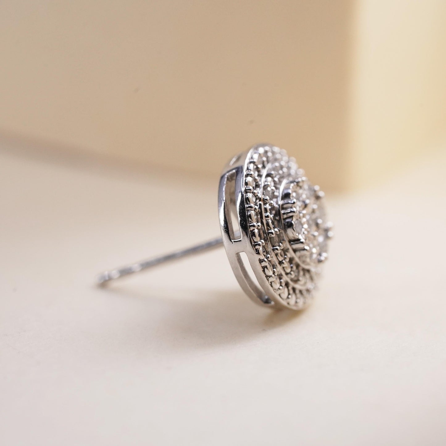Vintage handmade single earring. Sterling 925 silver stud with cluster diamonds