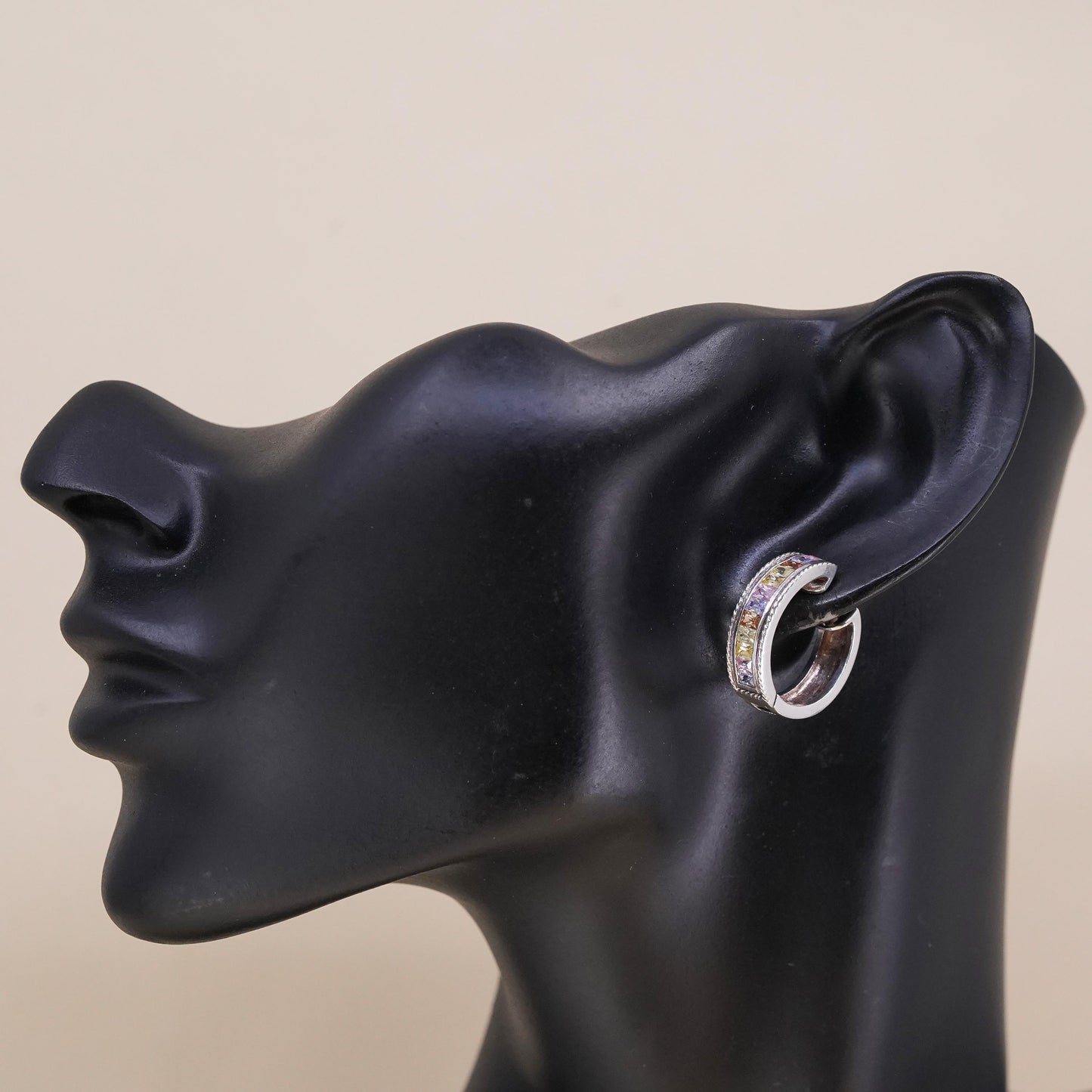 0.75”, Vintage sterling silver single earring, 925 huggie hoop with pinkish Cz