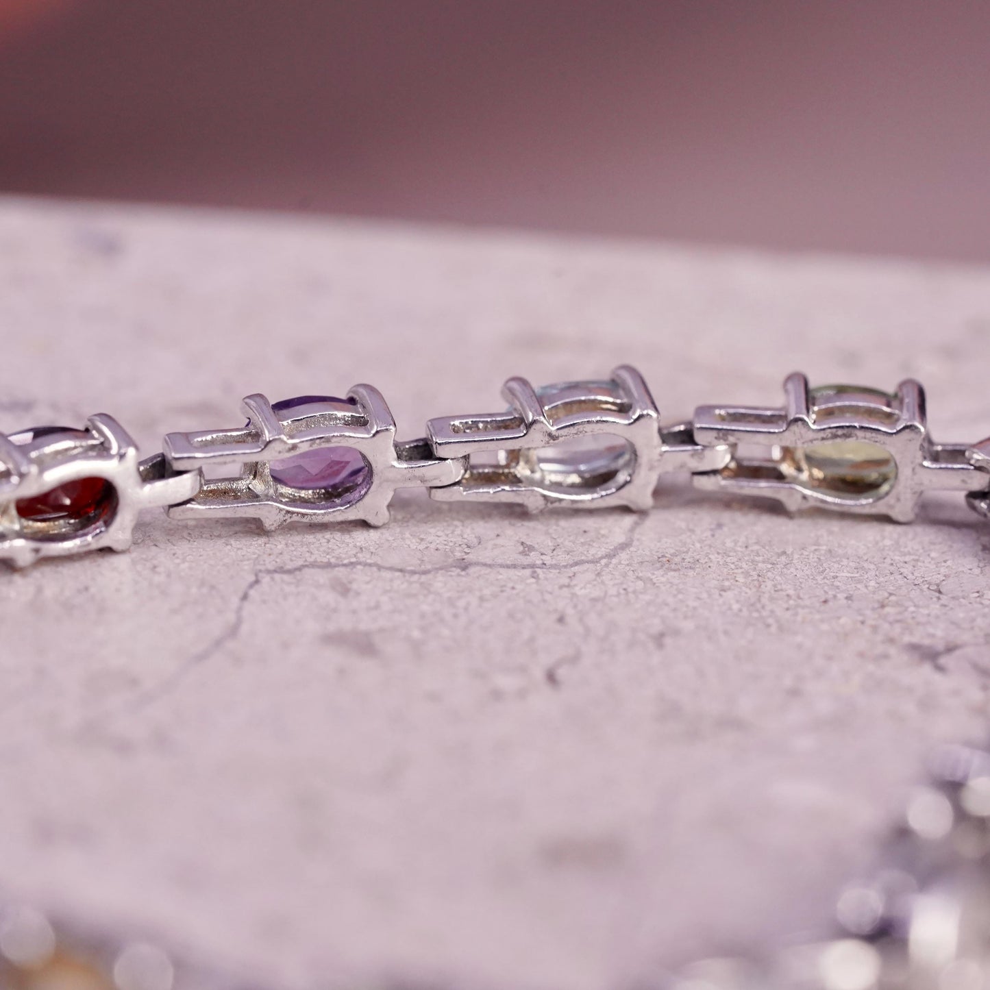 7”, sterling silver 925 tennis bracelet with multi color gemstones ruby peridot