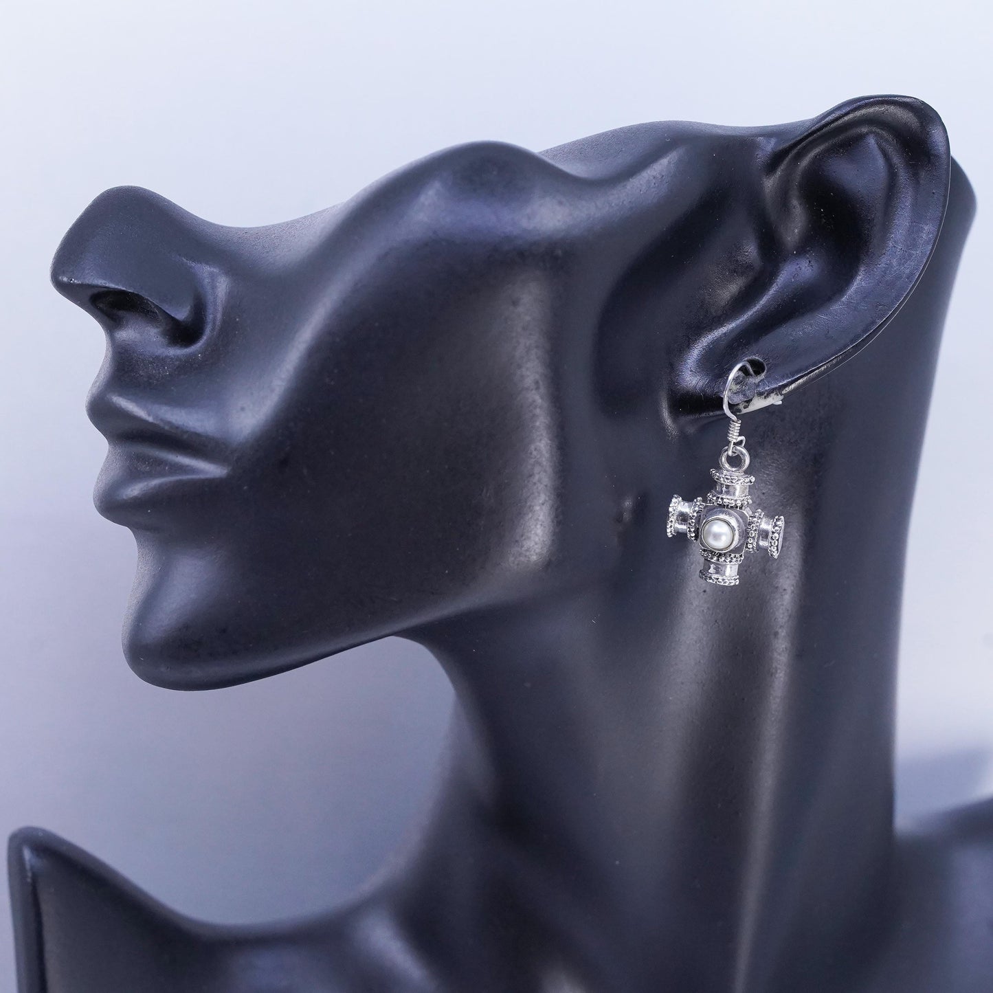 VTG Sterling 925 Silver Cross Earrings with Pearl, Dangle Earrings, Gothic Boho