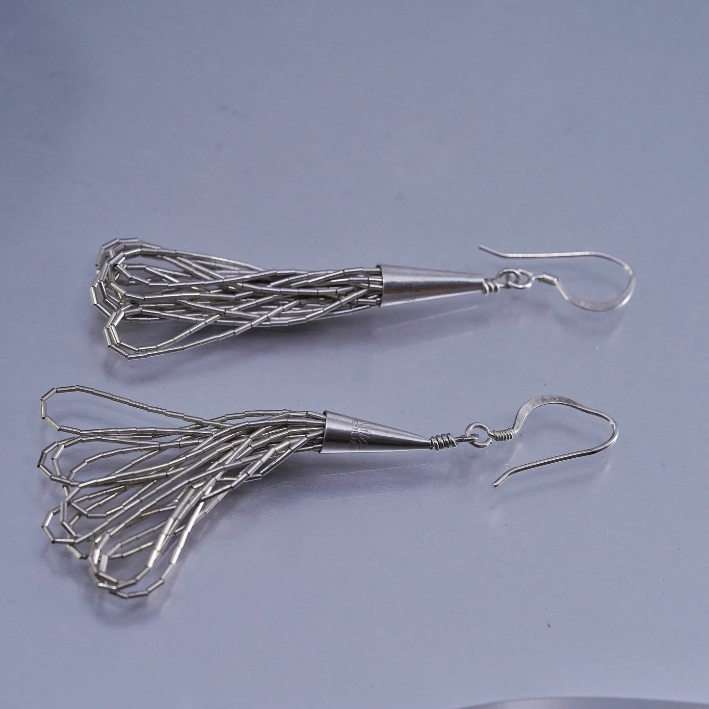 Vintage sterling 925 liquid silver handmade earrings with fringe drops