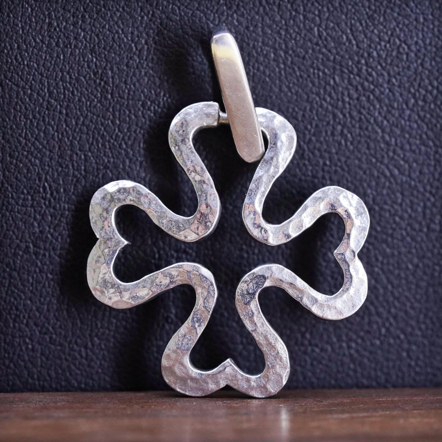 Sterling silver handmade flower pendant, hammered 925 silver lucky clover