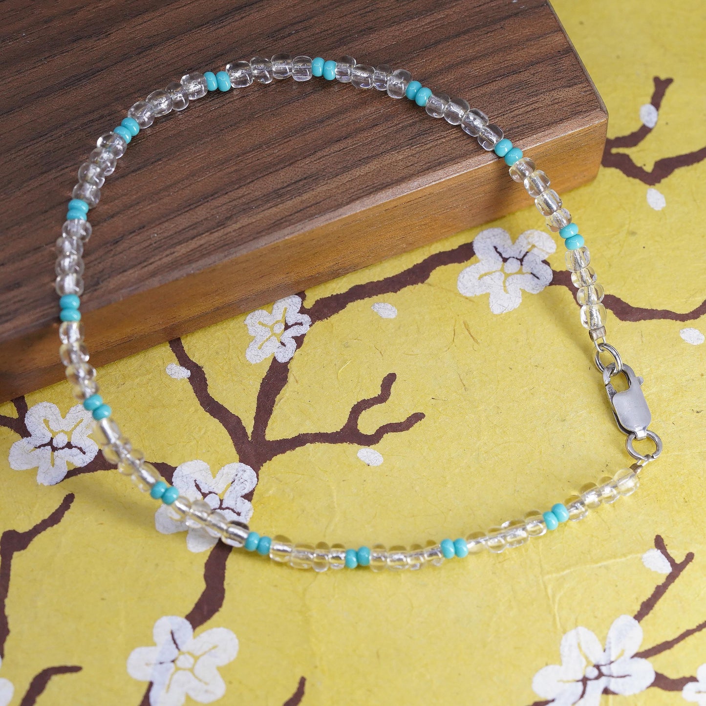 10.5", vintage Sterling silver anklet, 925 bracelet w/ turquoise crystal beads