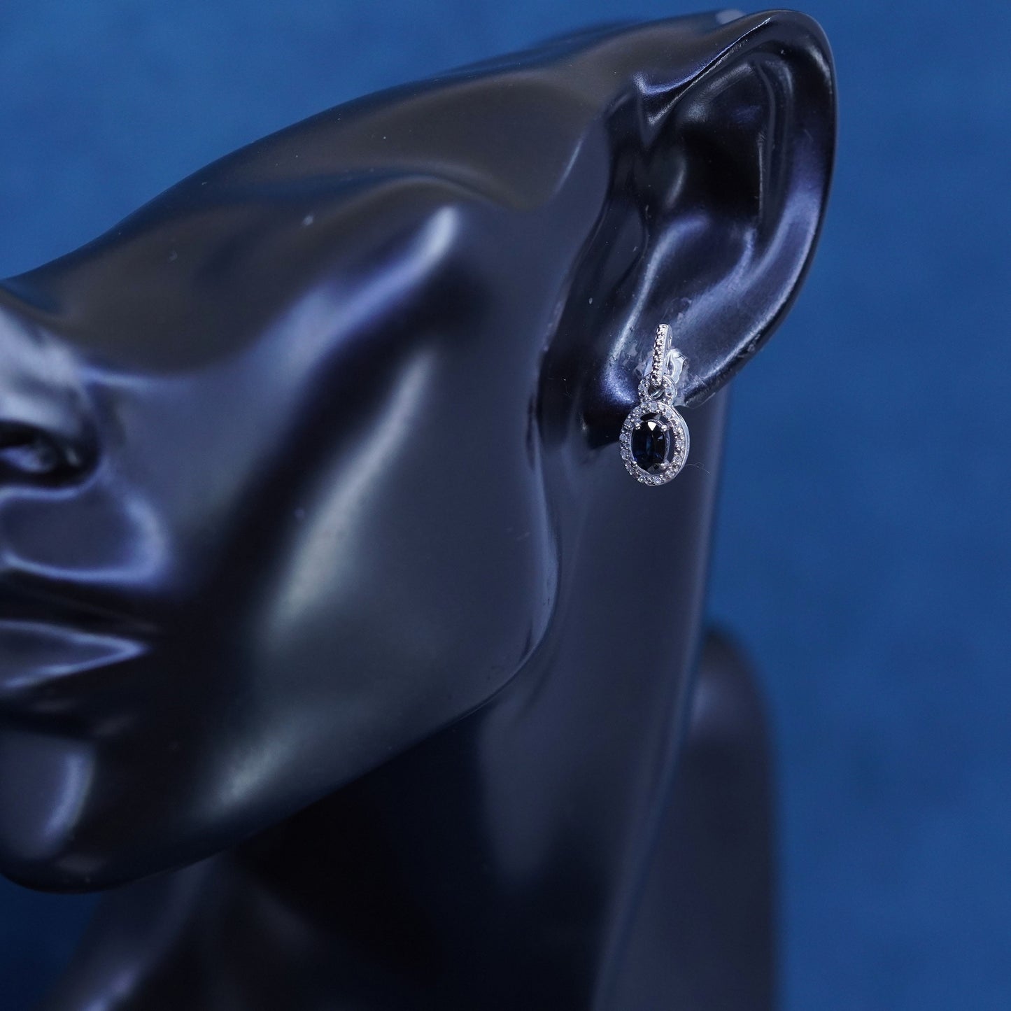 Vintage Sterling silver earrings, 925 oval drops with sapphire and diamond