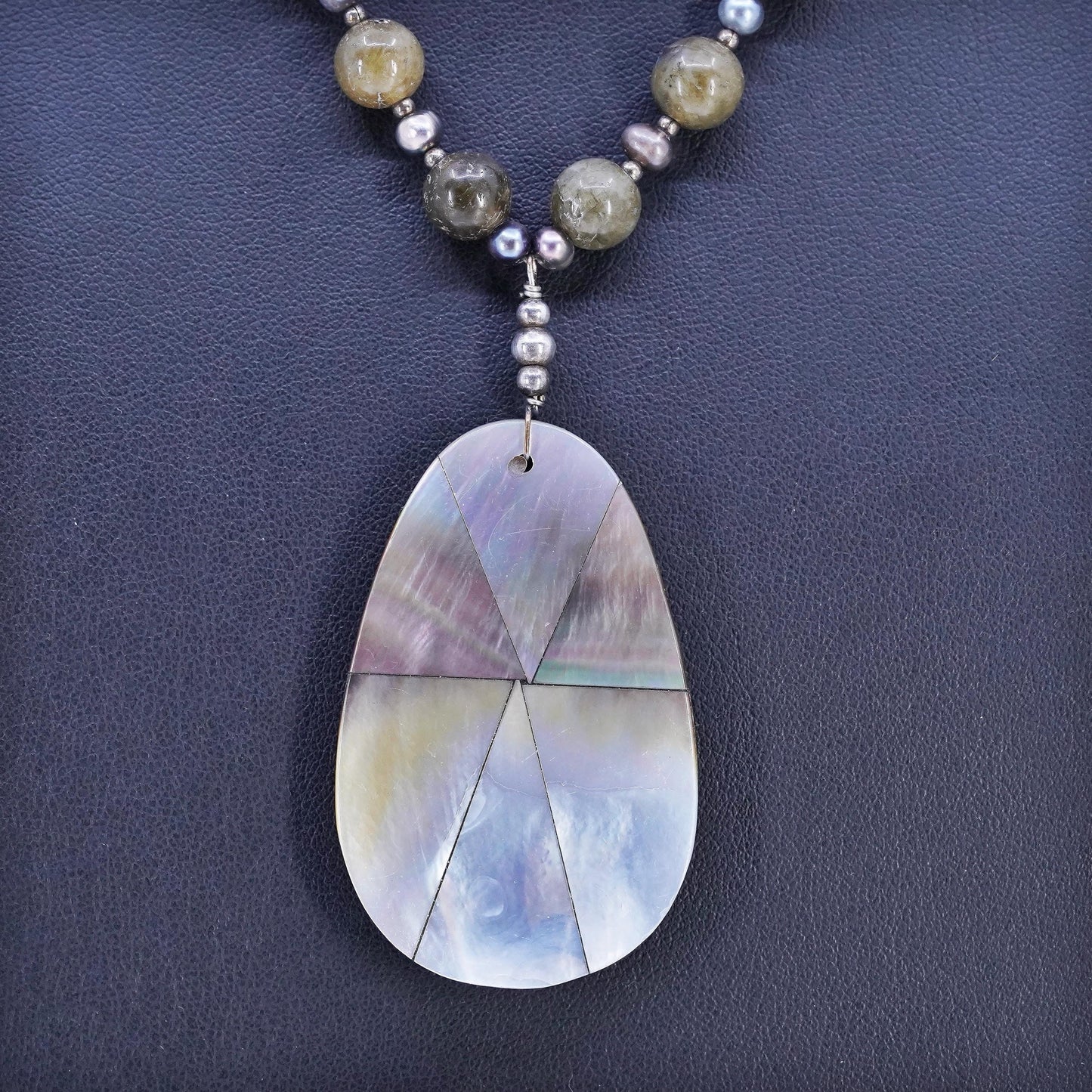 16+2", Sterling Silver 925 necklace labradorite beads teardrop abalone pendant