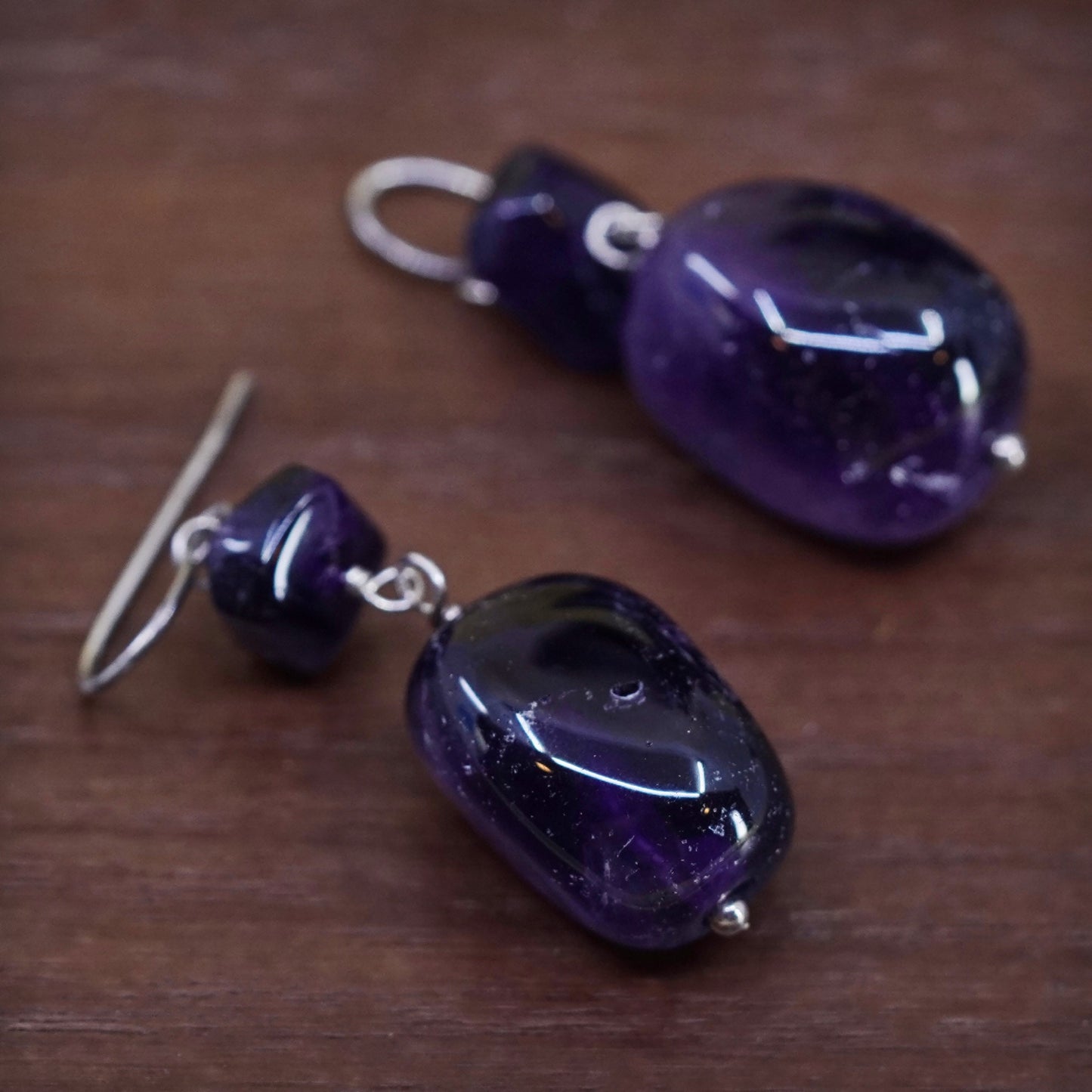Vintage Sterling 925 silver handmade earrings with amethyst nugget