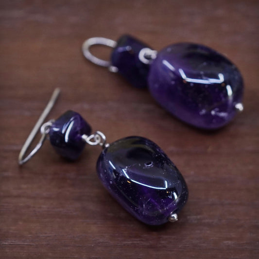 Vintage Sterling 925 silver handmade earrings with amethyst nugget