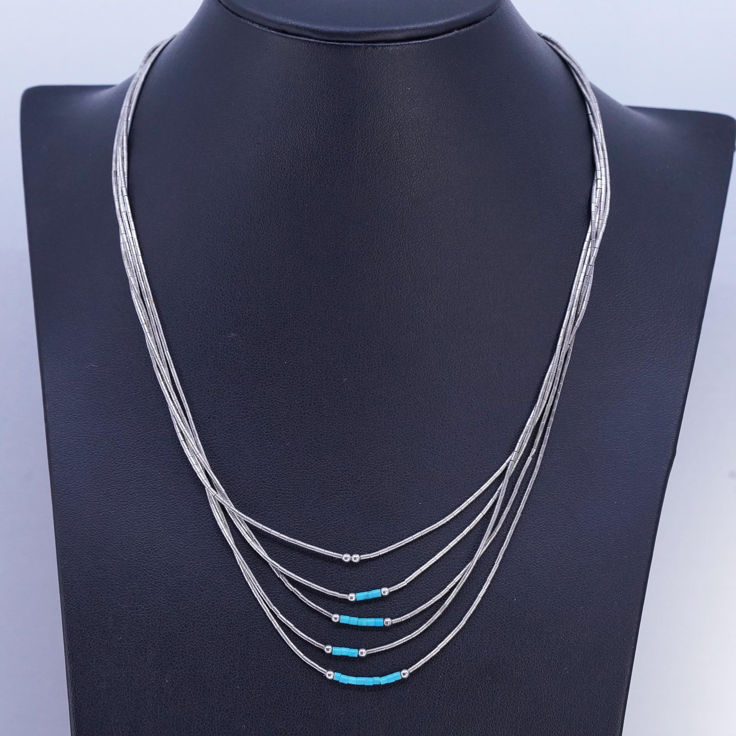 16" Native American Sterling 925 multi strands liquid silver necklace turquoise
