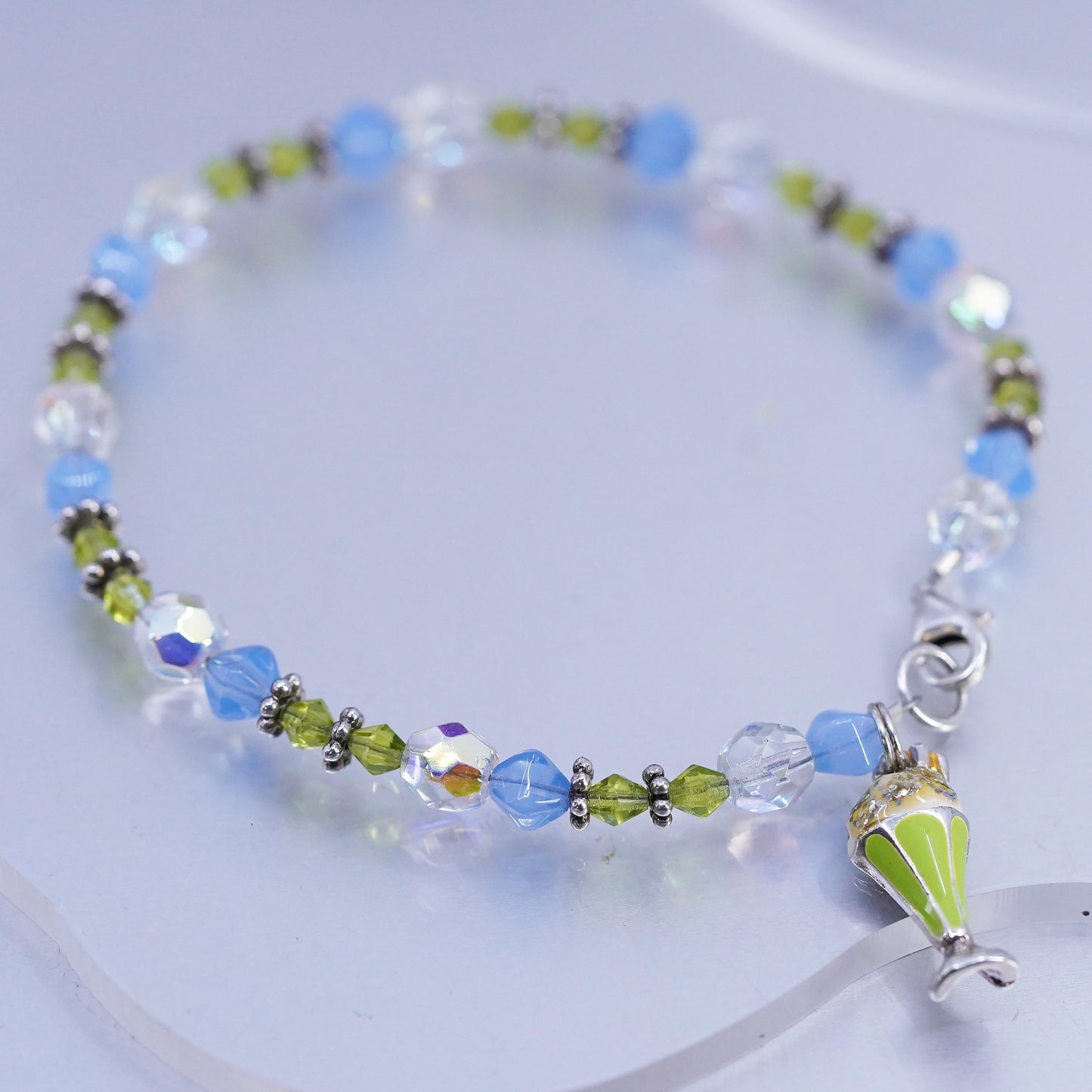 8.75", Sterling 925 Silver Bead Bracelet, green crystal chain ice cream charm
