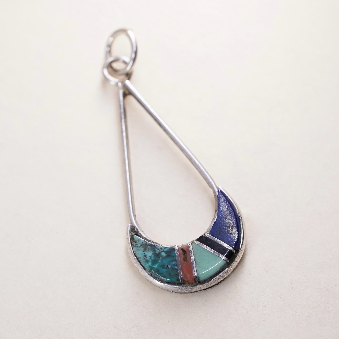 Vintage Zuni sterling 925 silver pendant, Native American teardrop turquoise