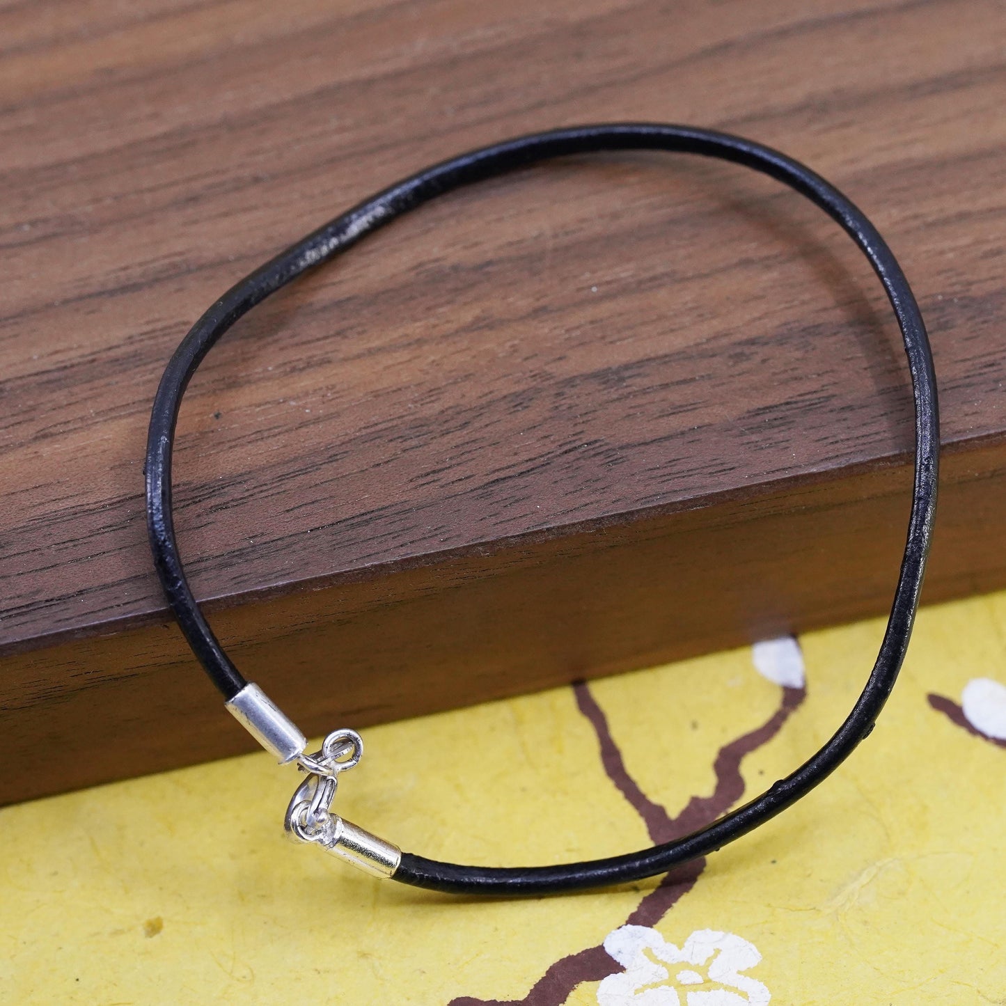 7.75”, vintage black leather bracelet with sterling 925 silver clasp
