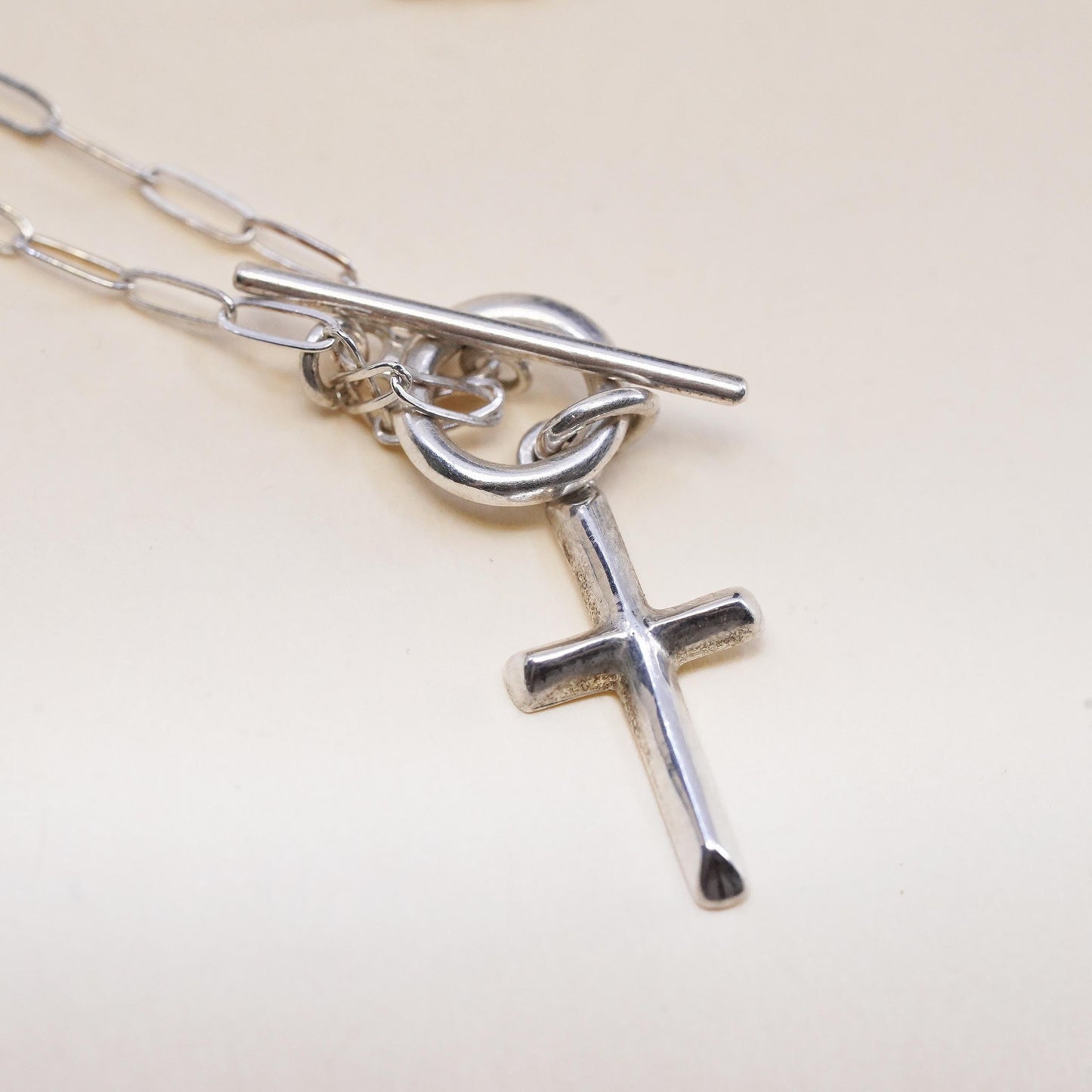 20”, sterling 925 silver necklace, cross pendant elongated chain toggle closure