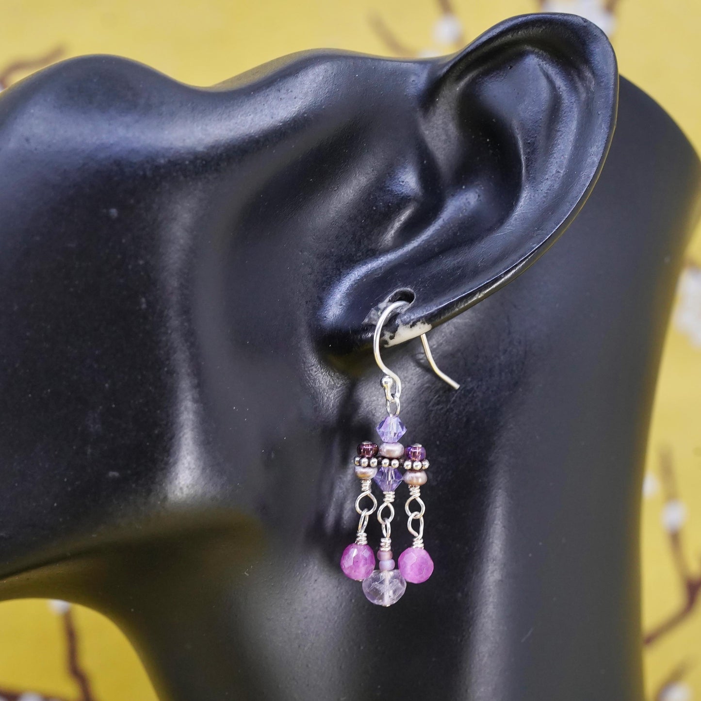 Vintage Sterling 925 silver handmade earrings with crystal and ruby beads
