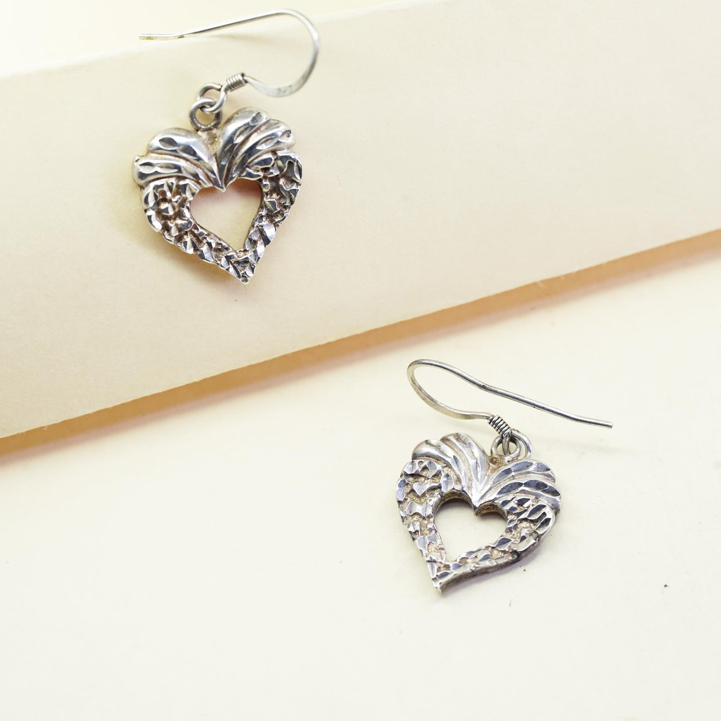 Vintage Sterling silver handmade earrings, textured 925 heart drops