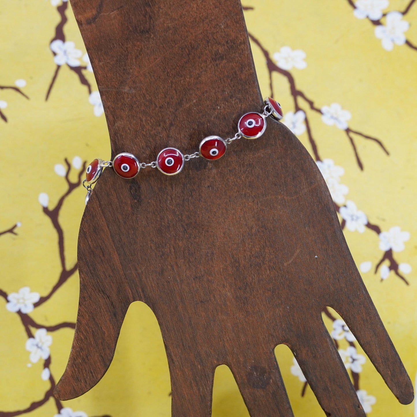 7.75”, vintage sterling 925 silver handmade bracelet red evil eye bracelet