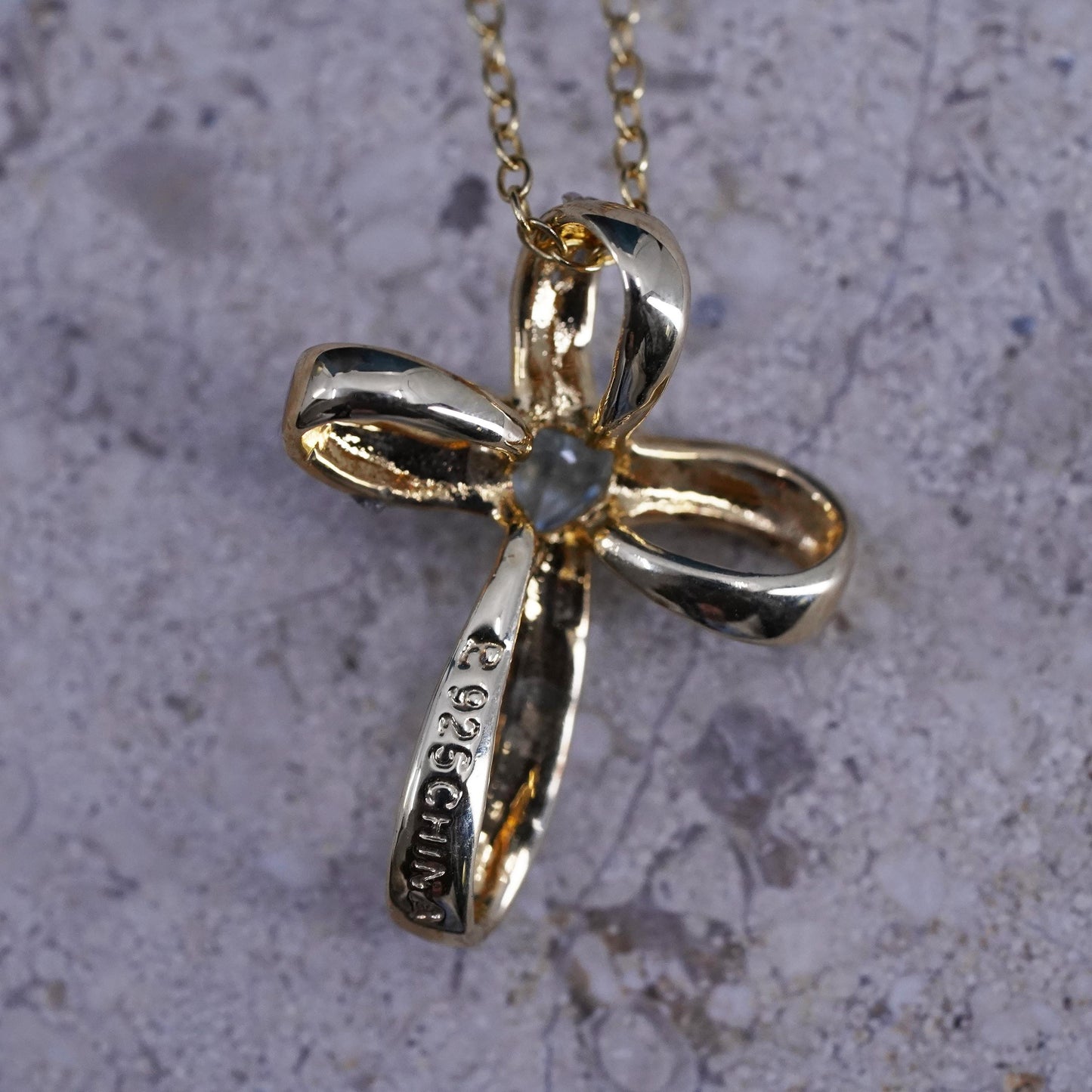 18”, Vintage vermeil gold over Sterling 925 silver circle necklace topaz cross