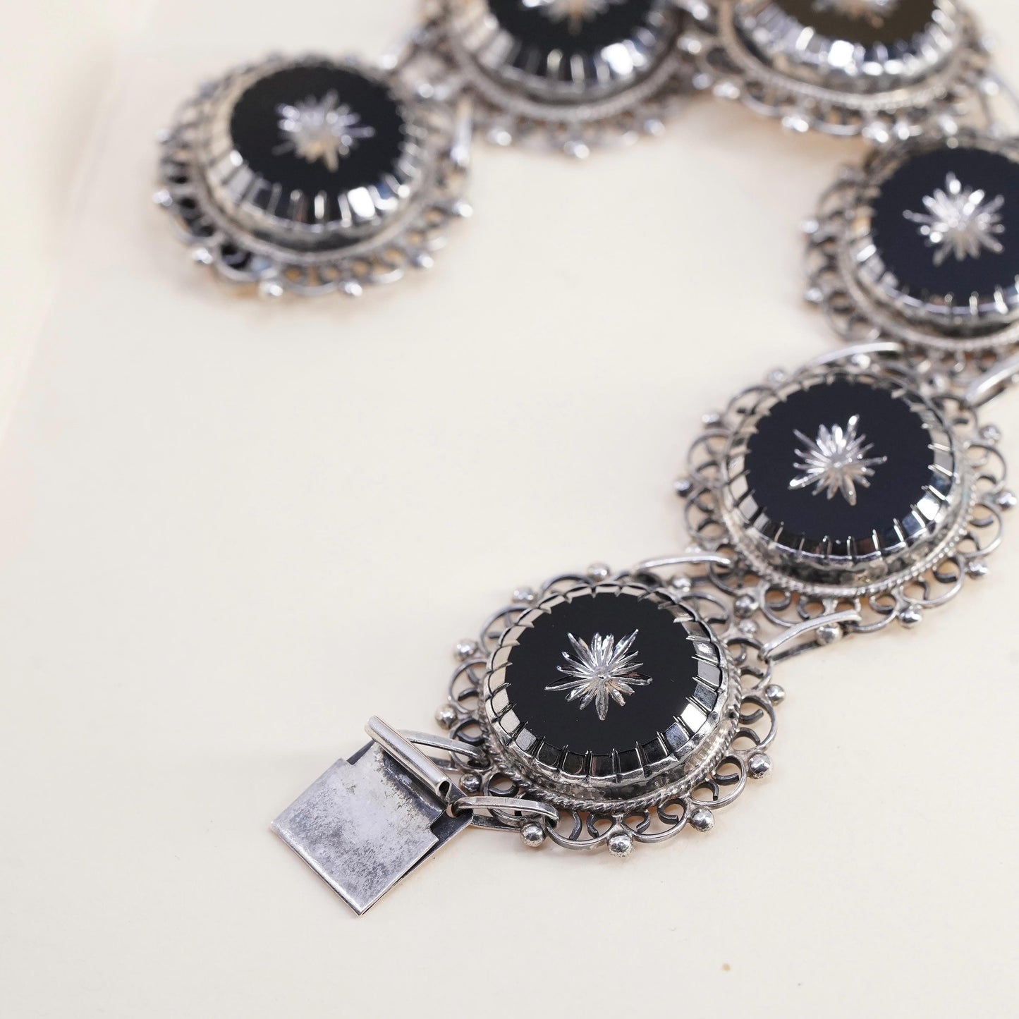 6.5” Mexican Sterling 925 Silver Black Onyx Panel Star Bracelet, Hecho En Taxco