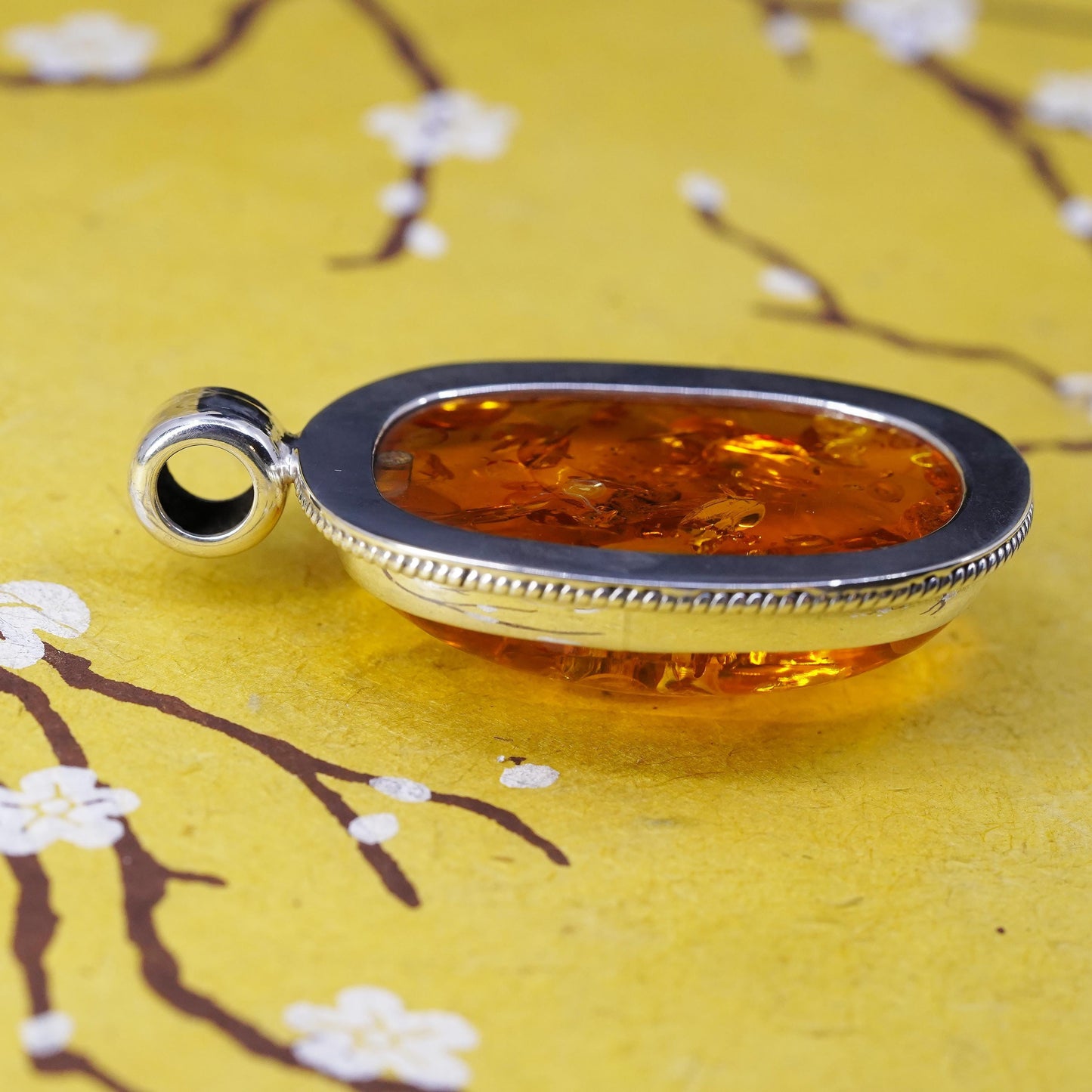 Vintage modern Sterling 925 silver handmade huge pendant with amber pendant