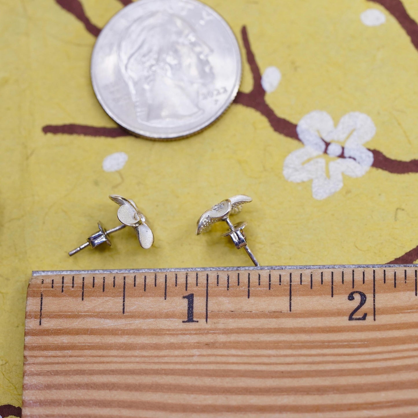Vintage Sterling silver handmade earrings, 925 plumeria flower studs with cz