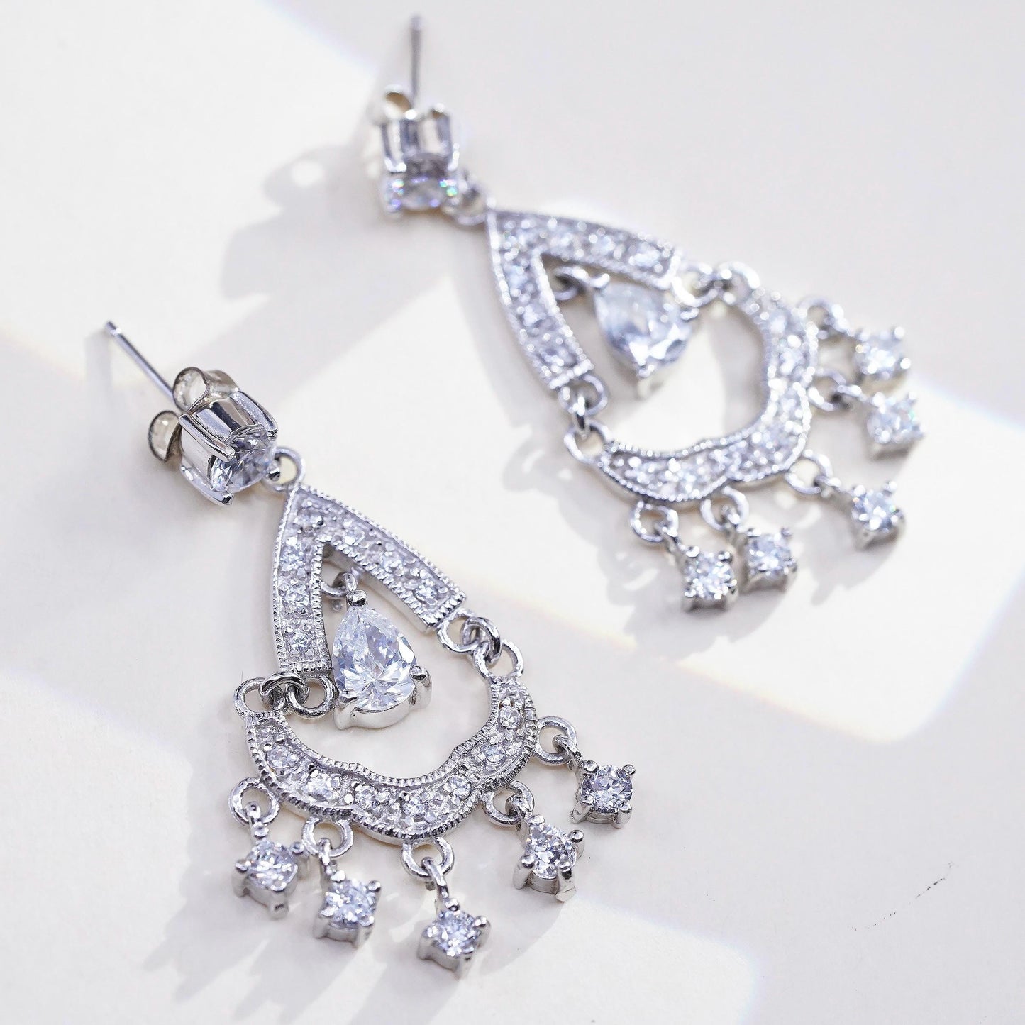 925 Sterling Silver CZ Chandelier Earrings, Teardrop Dangles, Art Deco Bridal