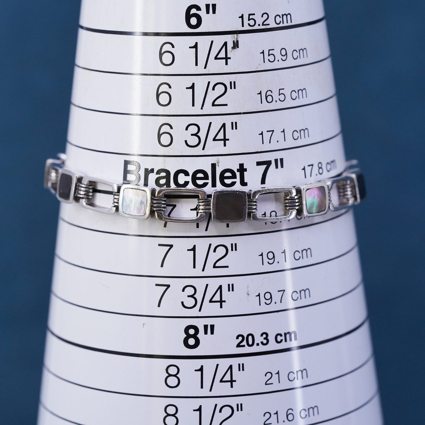 7.25", vintage Sterling 925 silver handmade tennis bracelet with abalone inlay