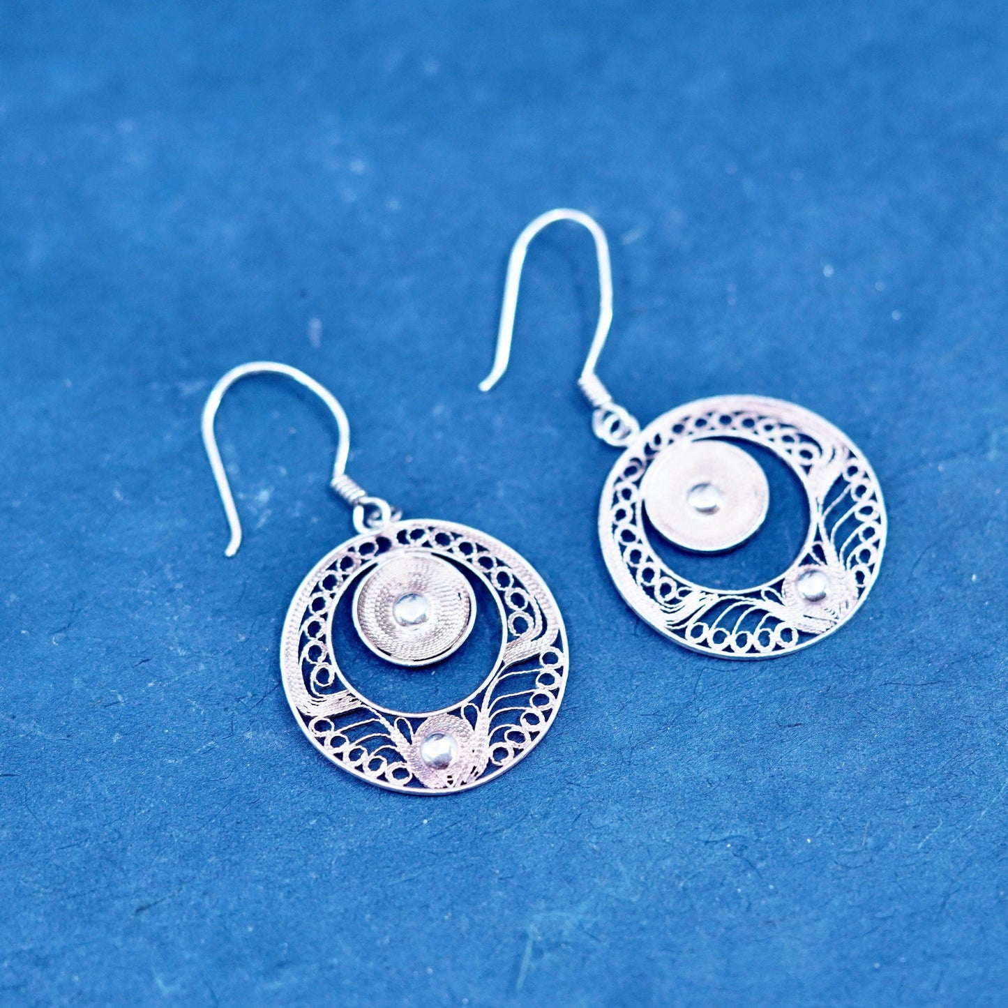 Vintage sterling silver handmade earrings, 925 filigree circle drop