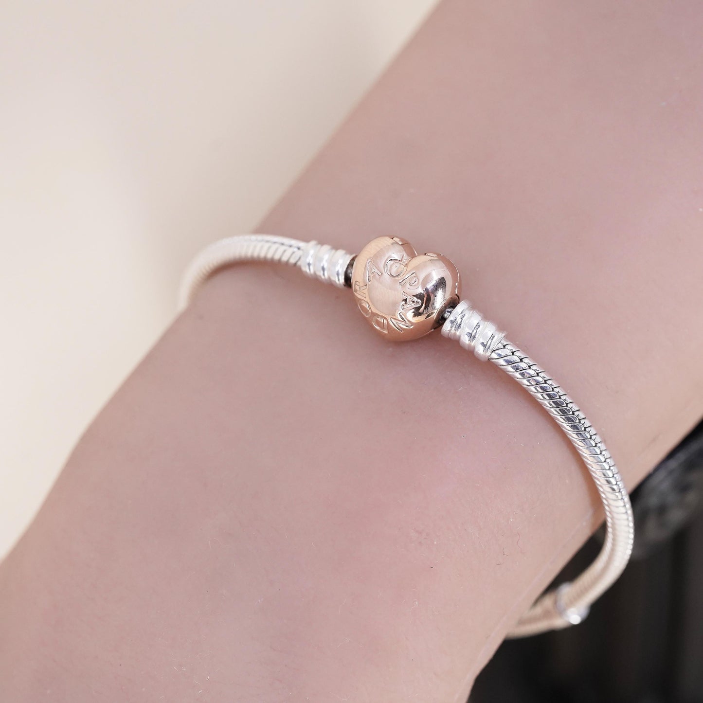 6.75” Pandora two tone sterling silver bracelet, 925 snake rose gold heart