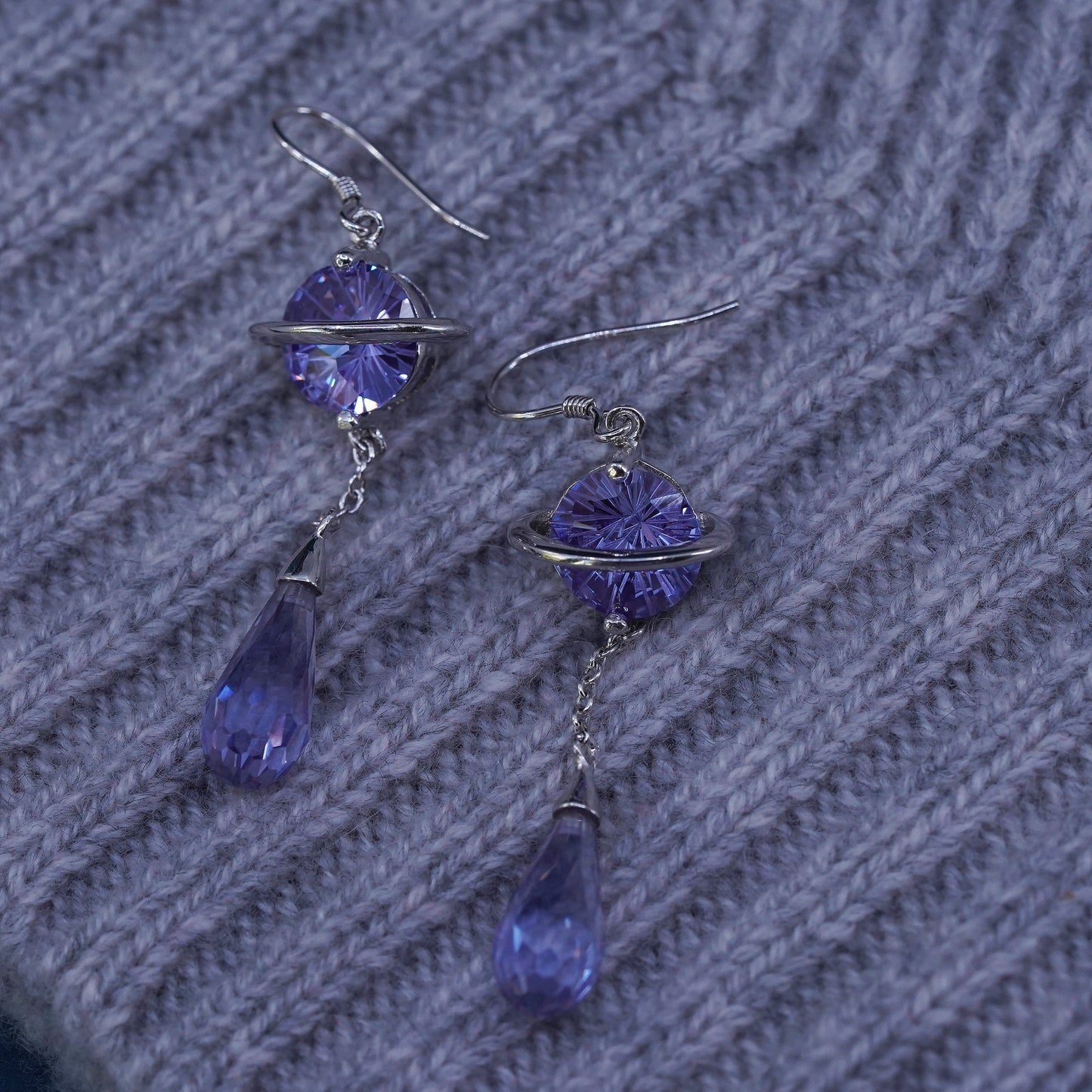 Vintage sterling 925 silver handmade planet earrings with teardrop amethyst