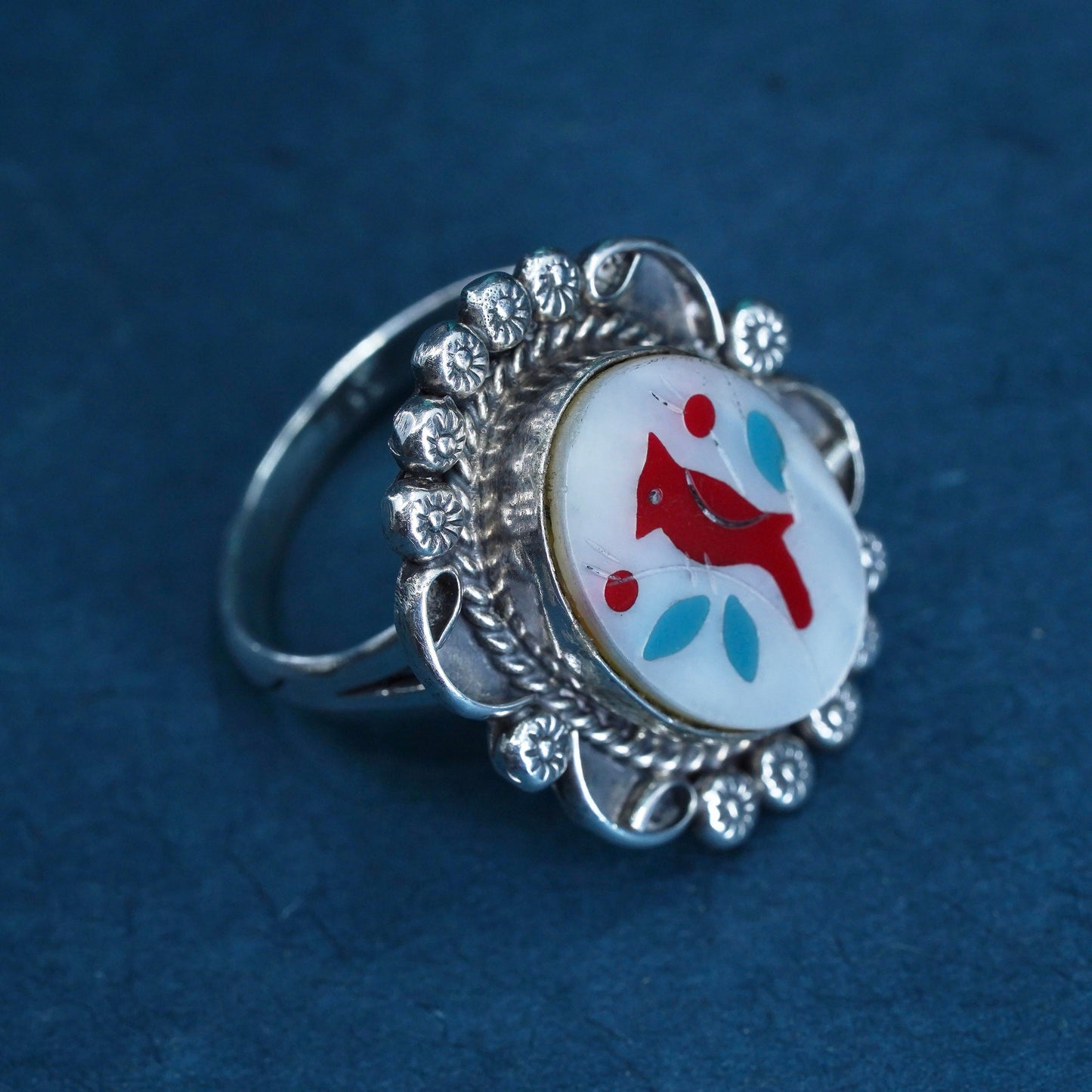 Size 10, southwestern Sterling 925 silver ring band carved MOP and red bird
