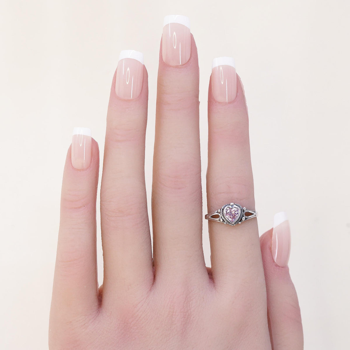 Size 6.25, Vintage sterling silver crystal heart ring, 925 silver pink crystal