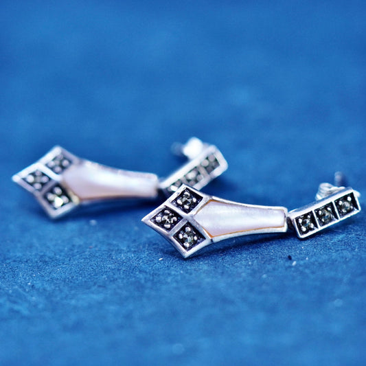 Vintage sterling 925 silver handmade earrings with mother of pearl marcasite