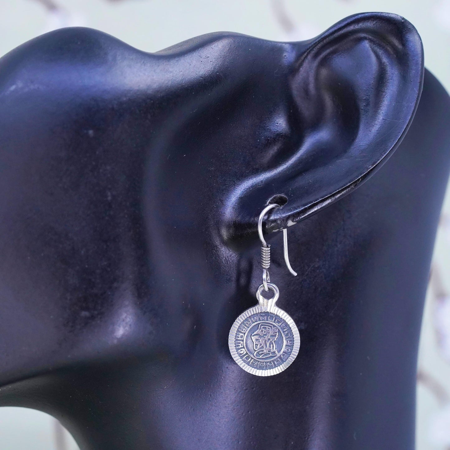 Vintage sterling silver handmade earrings, 925 circle with Mayan calendar