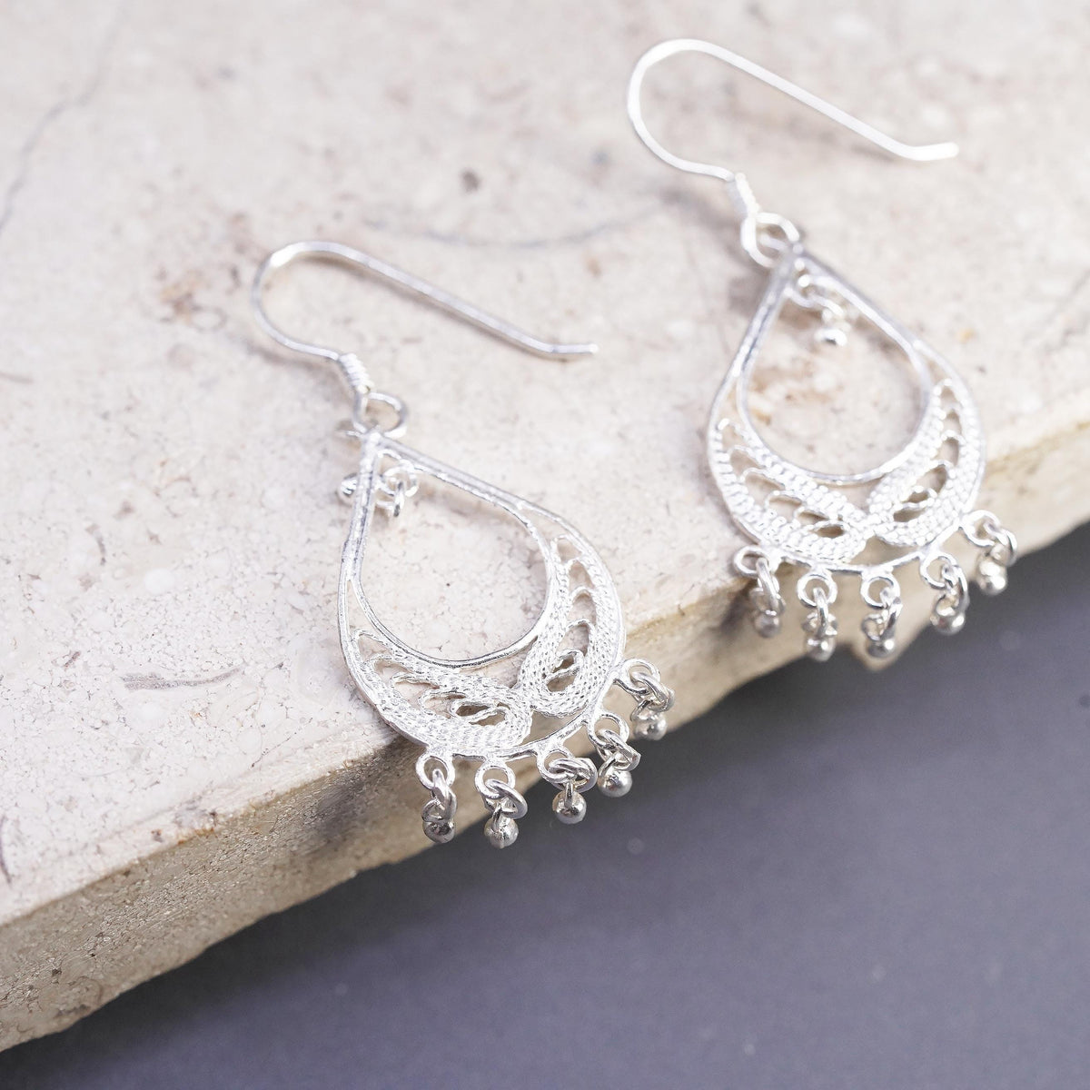 Vintage sterling silver handmade earrings, 925 filigree teardrop drop
