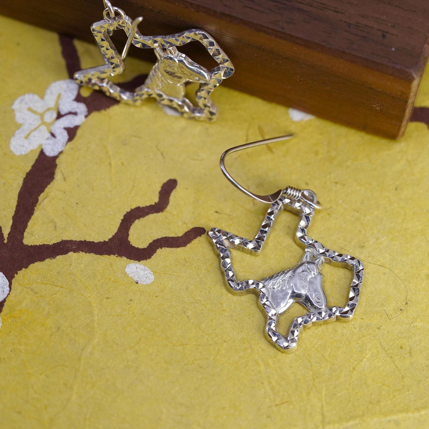 Vintage Sterling 925 silver handmade textured Texas state map earrings horse