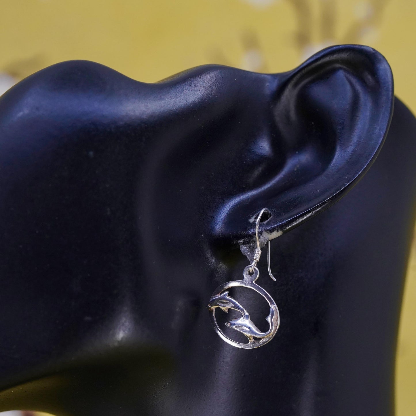 Vintage Sterling silver handmade earrings, 925 dolphin dangle