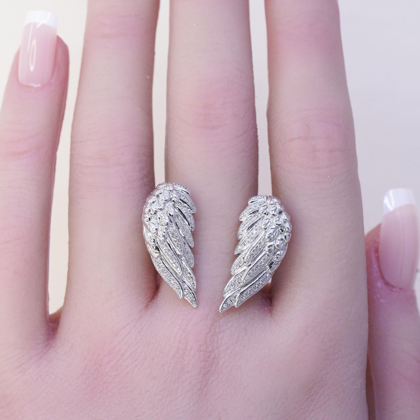 Size adjustable VTG EA sterling 925 silver angel wings ring cluster diamonds