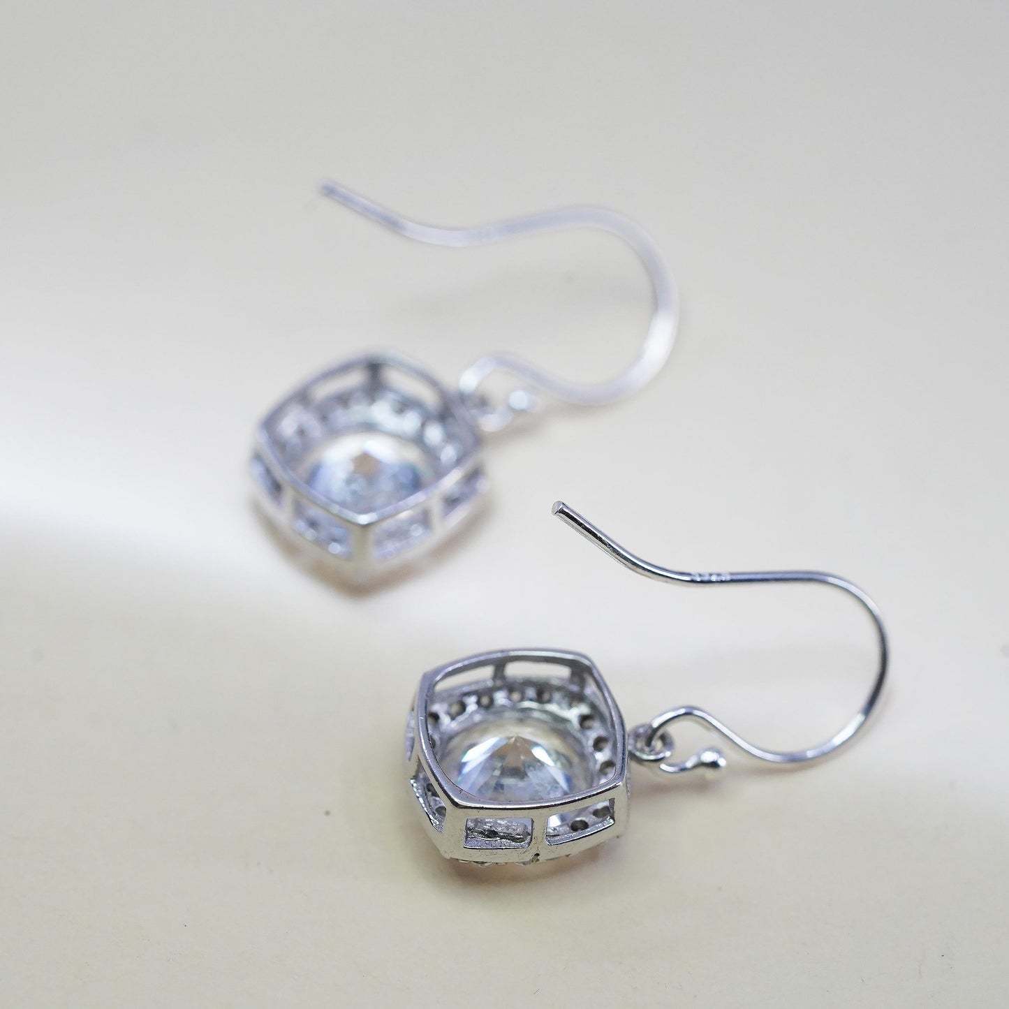 Vintage sterling silver handmade earrings, 925 silver square with cluster Cz