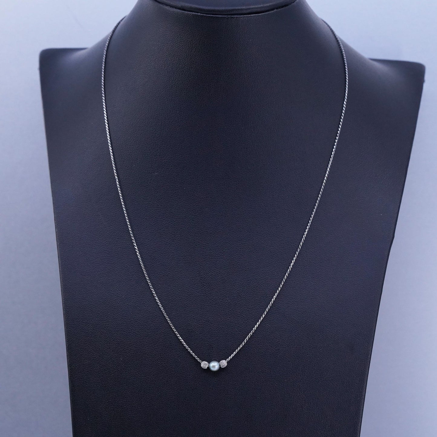 18”, vintage Sterling 925 silver handmade twisted S link necklace pearl pendant