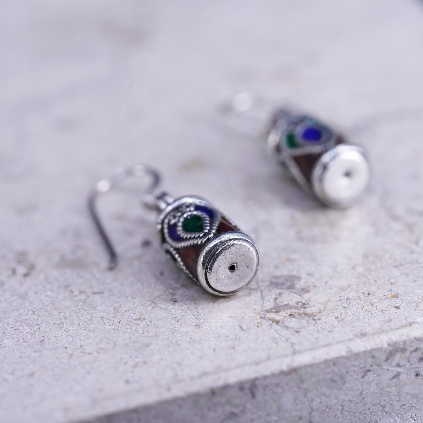Vintage sterling silver handmade earrings, 925 tube with enamel