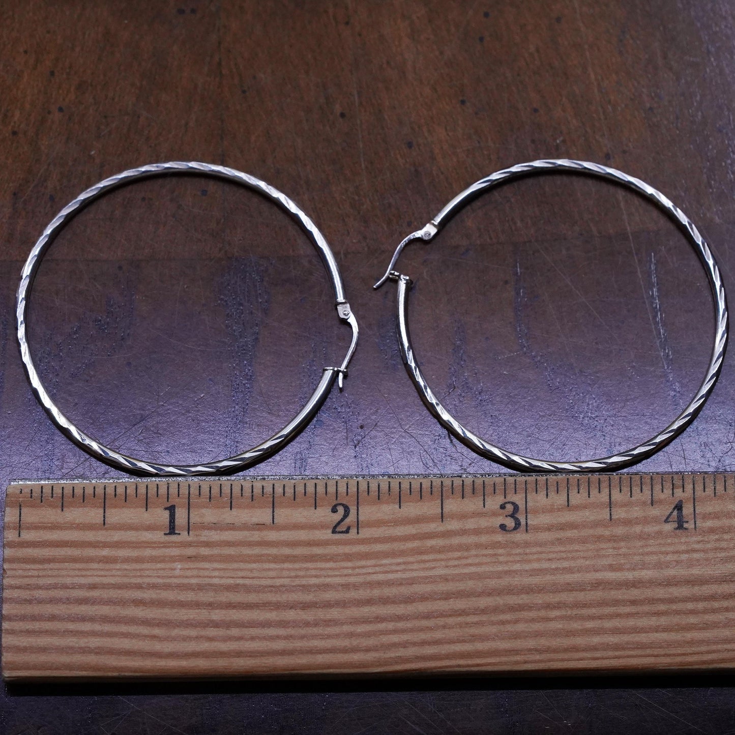 2", vintage Sterling silver handmade earrings, 925 hoops diamond cut textured
