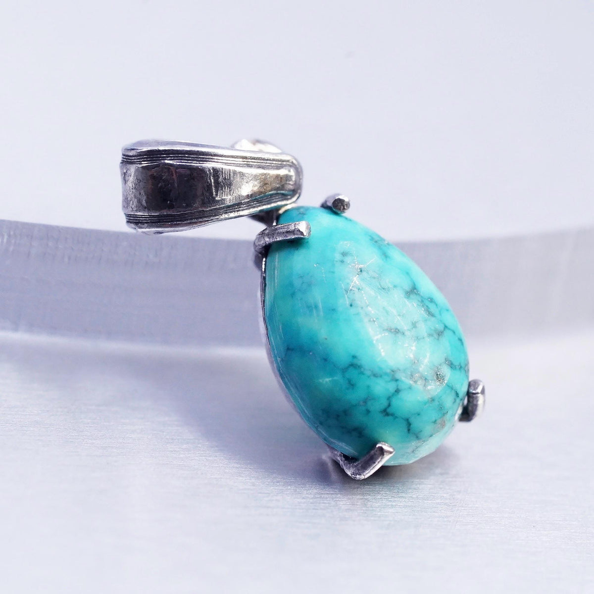 southwestern sterling 925 silver teardrop charm pendant spiderwebbed turquoise
