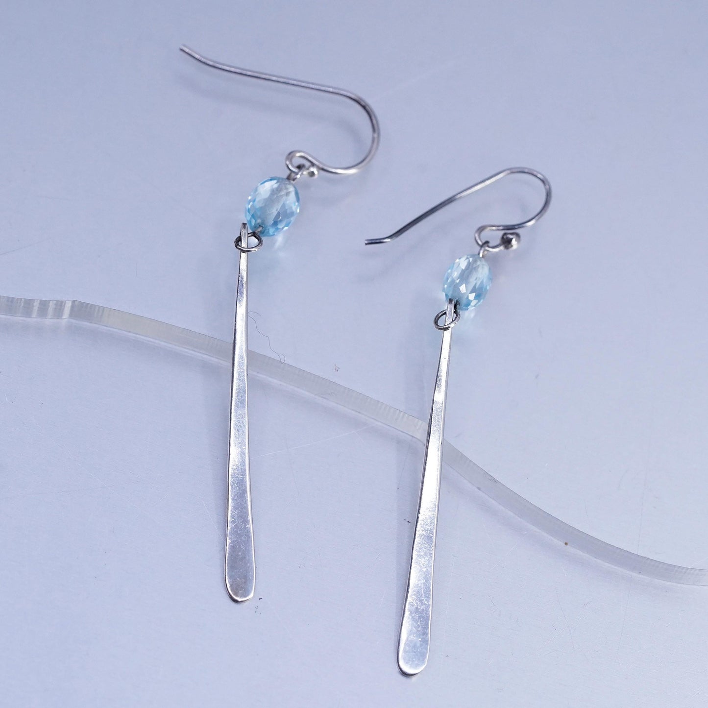 Vintage Sterling 925 silver handmade long dangle earrings with blue crystal