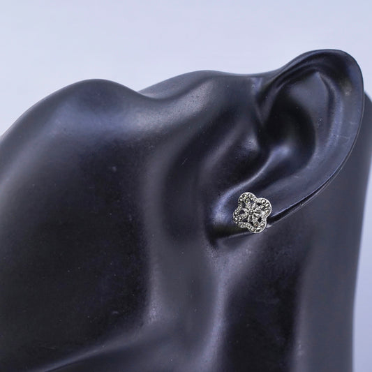 Vintage Sterling 925 silver handmade earrings, square studs with Marcasite