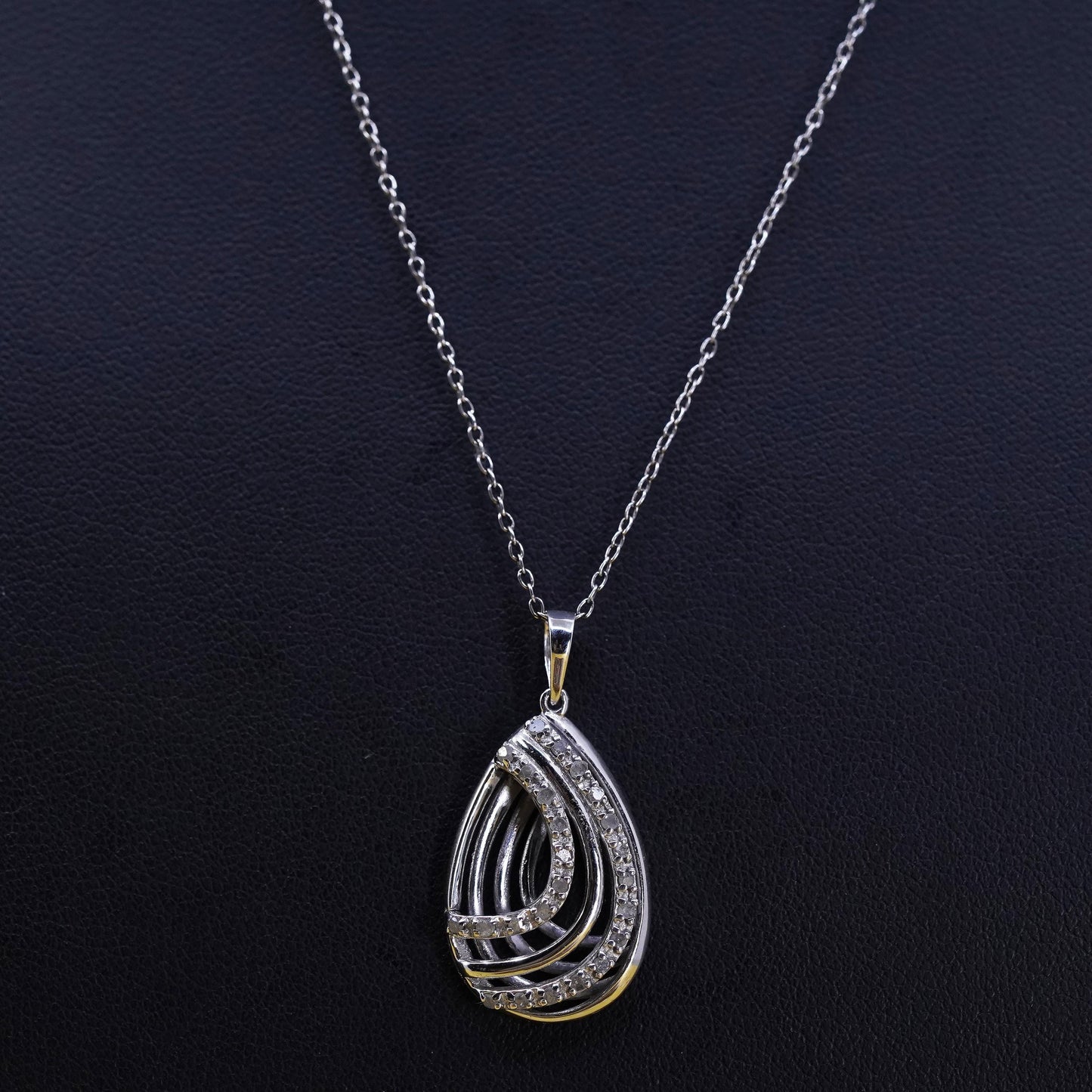 18” Sterling silver necklace, 925 circle chain cluster diamond teardrop pendant