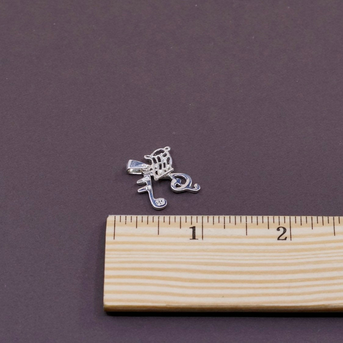 vtg Sterling silver handmade pendant, 925 music symbol charm w/ crystal