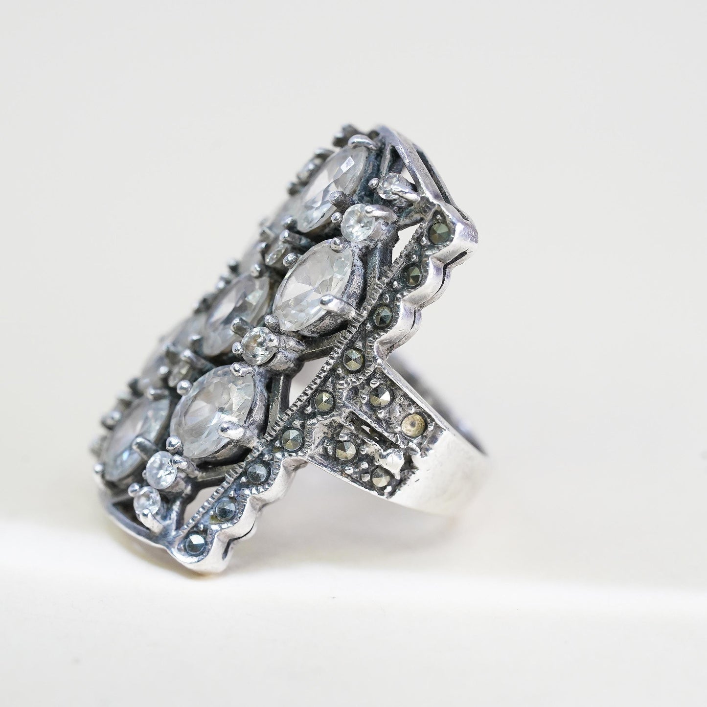 Size 7.25, 925 Sterling Silver Cluster CZ Ring, Marcasite Cocktail, Wide Band
