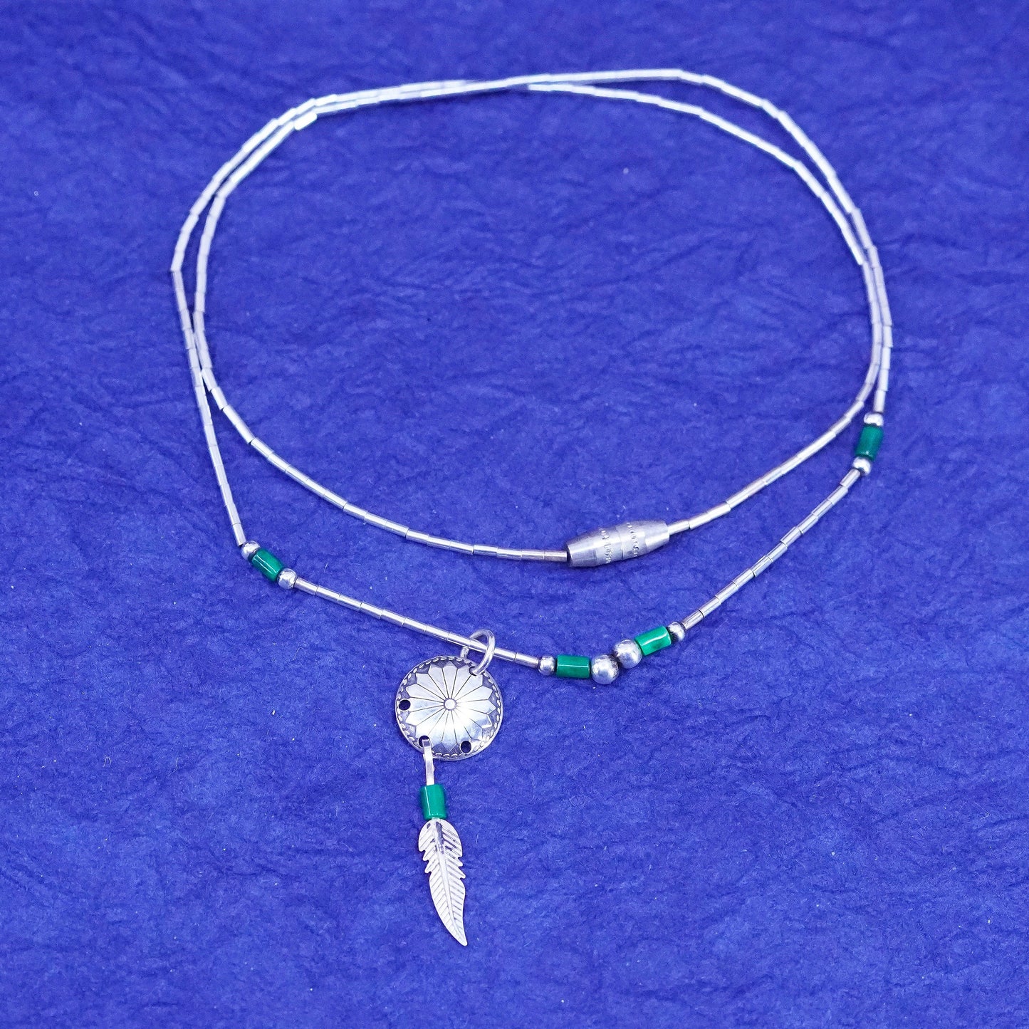 16”, Native American Navajo Sterling 925 liquid silver chain turquoise feather