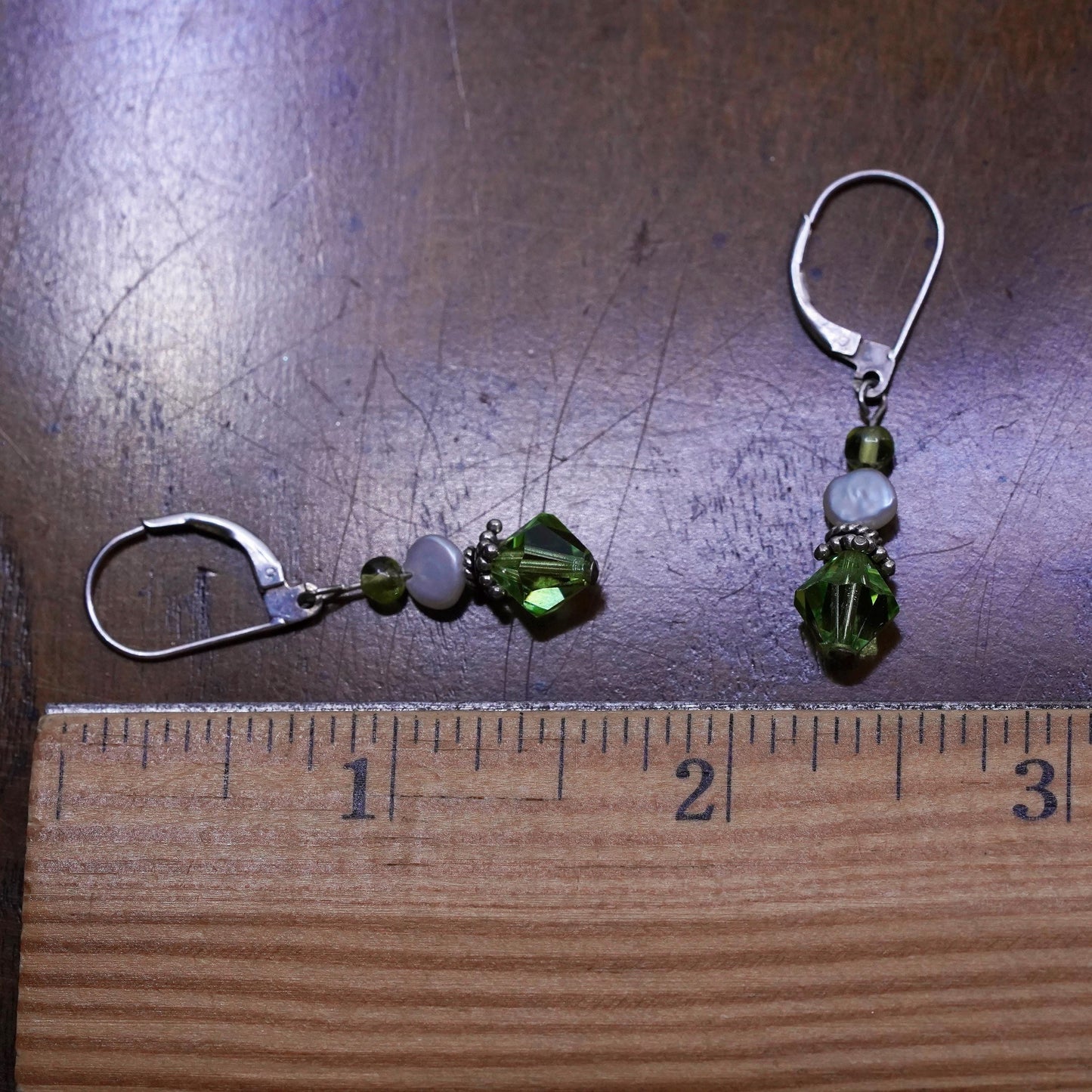Vintage sterling silver handmade earrings, 925 silver with green crystal drops
