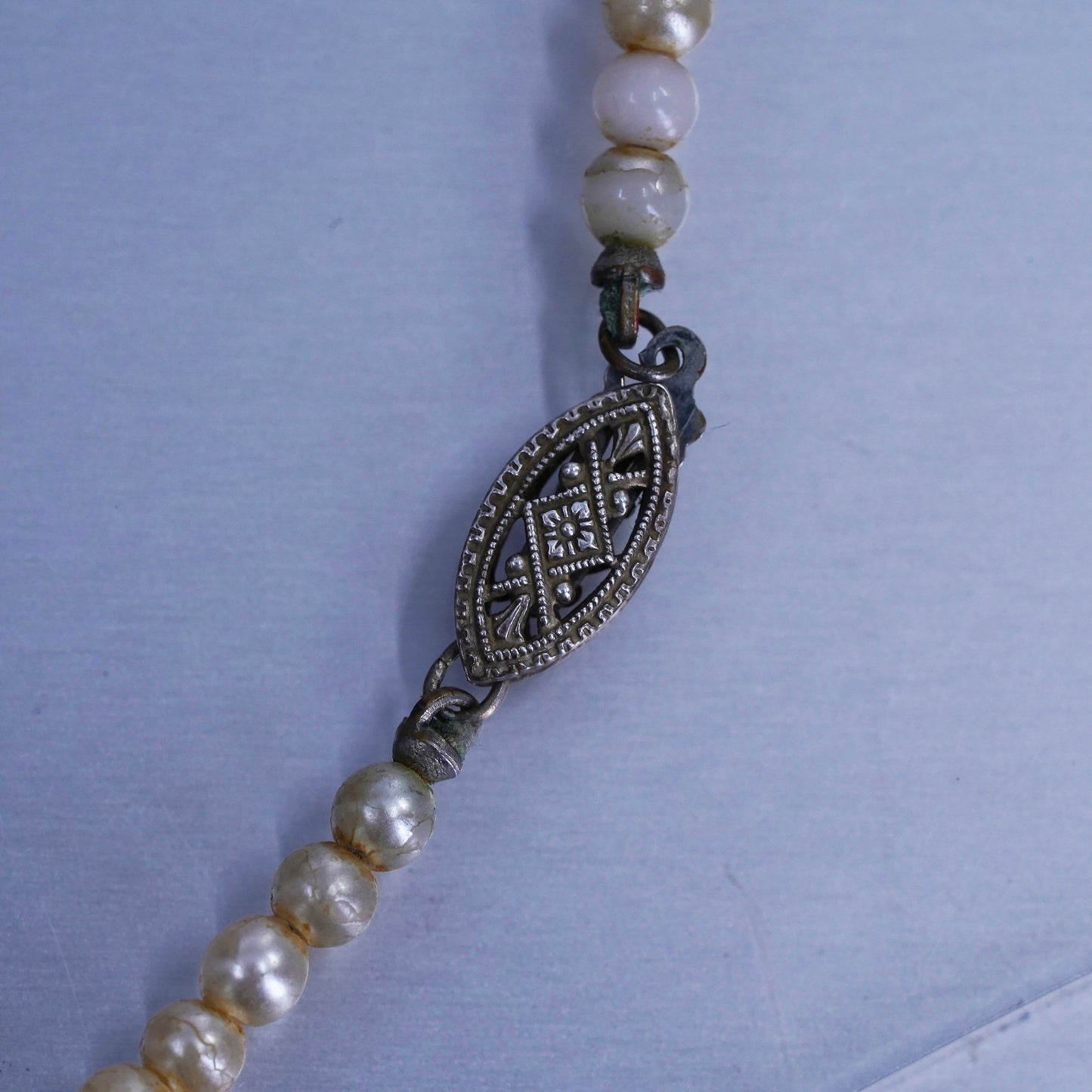 16”, vintage 1940s graduated faux pearl necklace with Sterling 925 silver clasp