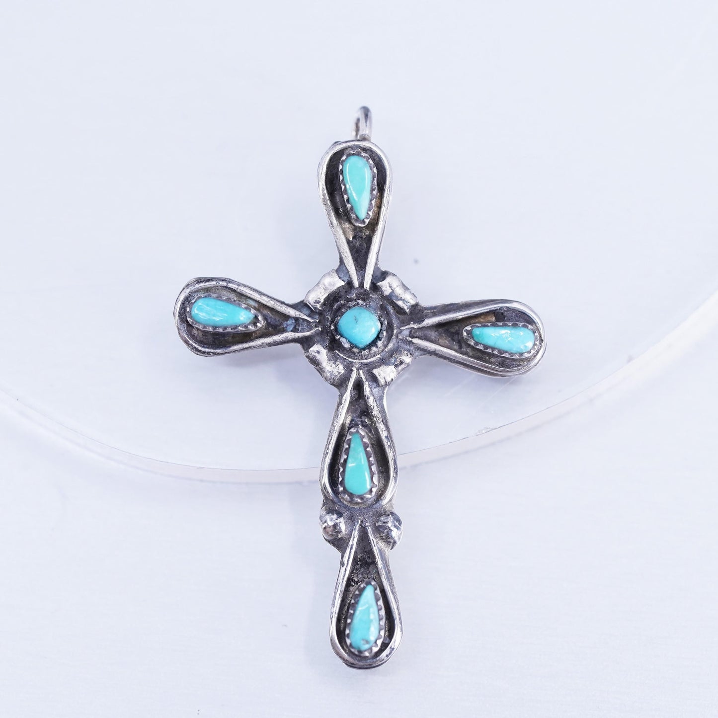 Native American Zuni sterling 925 silver cross pendant with turquoise